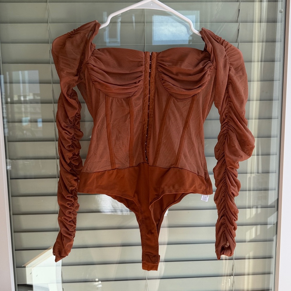 Privy Rust Meshin Up Mesh Long Sleeve Corseted Bodysuit (Size S)
